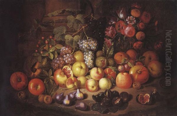 Nature Morte De Fleurs Et De Fruits Sur Un Entablement Oil Painting by Giuseppe Ruoppolo