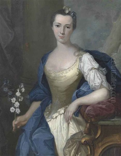 Portrait Of A Lady, Three-quarter-length, In A Pale Yellow Embroidered Dress And Blue Wrap, Holding White Flowers, Leaning On A Red Velvet Cushion Oil Painting by Joachim Rupalley