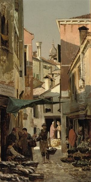 Market At The Corner Of Calle Crosera And Campiello Pescheria, Venice Oil Painting by Otto von Ruppert