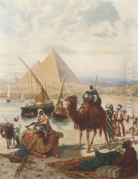 Nomads Resting By The River With Pyramids Beyond Oil Painting by Otto von Ruppert