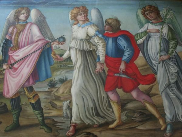 Archangel Michael With Raphael And Gabriel As They Accompany Tobias Oil Painting by Francesco Botticini