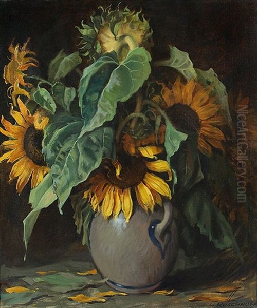 Sonnenblumen In Grau-blauer Steinzeugkanne Oil Painting by Gustav Rueschhoff