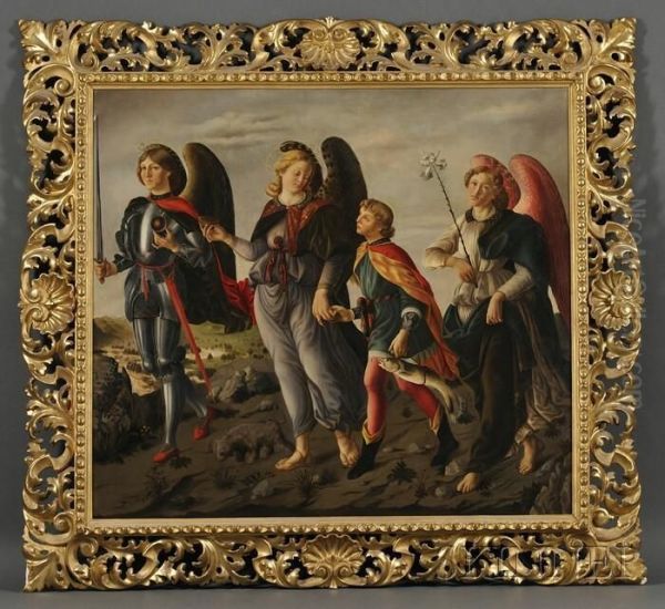 The Three Archangels With Tobias Oil Painting by Francesco Botticini