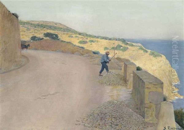 Hombre En Paisaje, Garraf (sitges) Oil Painting by Santiago Rusinol