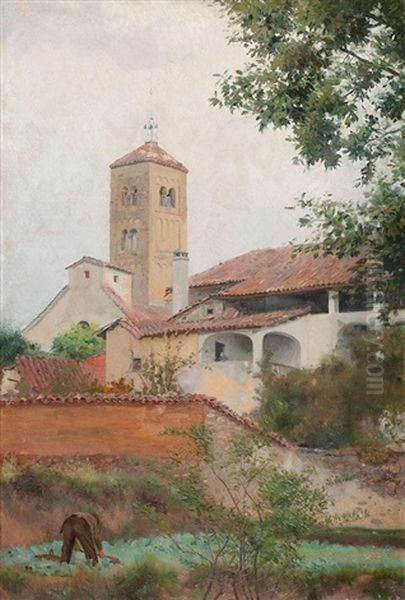 Vista Con La Iglesia De Sant Vicenc De Torello, Osona Oil Painting by Santiago Rusinol