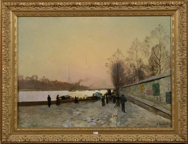 Bord De Seine Anime A Paris Oil Painting by Santiago Rusinol