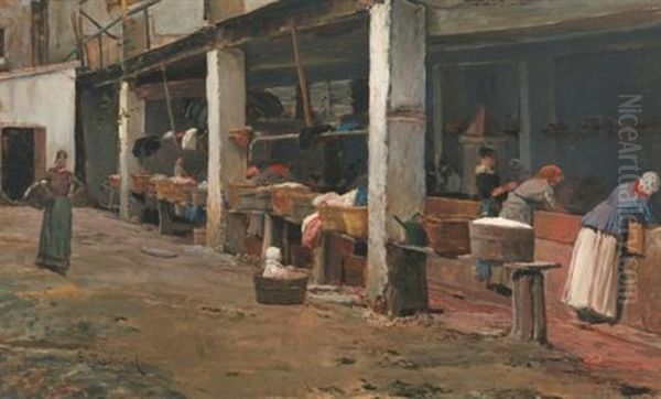 Lavaderos De La Barceloneta (the Washing Place, Barcelona) Oil Painting by Santiago Rusinol