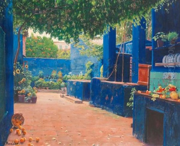 The Blue Courtyard, Arenys Oil Painting by Santiago Rusinol