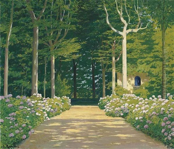 Hydrangeas On A Garden Path Oil Painting by Santiago Rusinol