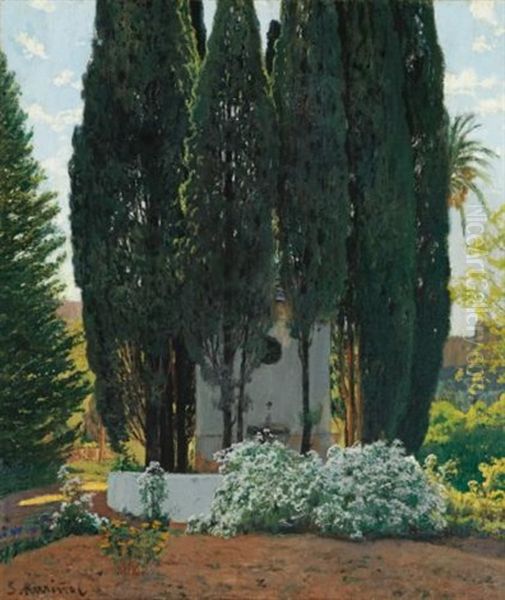 La Fuente De Los Cipreses (the Cypress Fountain) Oil Painting by Santiago Rusinol