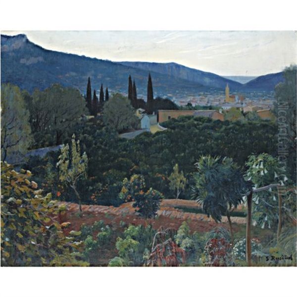 El Valle, Soller (view Over Soller) Oil Painting by Santiago Rusinol