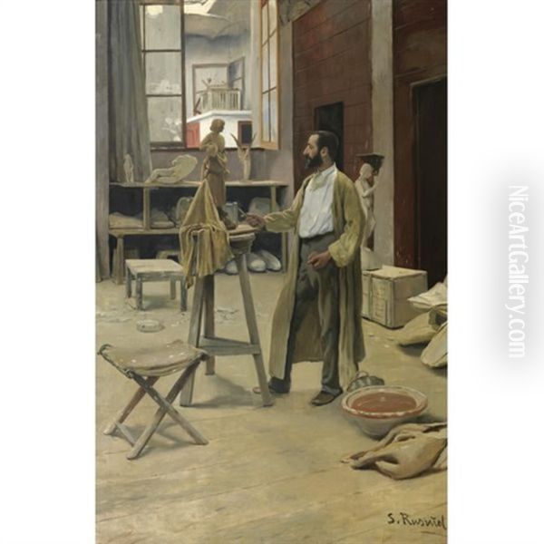 Estudio Del Escultor Claraso - Claraso In His Studio Oil Painting by Santiago Rusinol