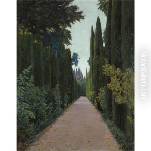 Soledad, Granada - Gardens Of The Generalife, Granada Oil Painting by Santiago Rusinol