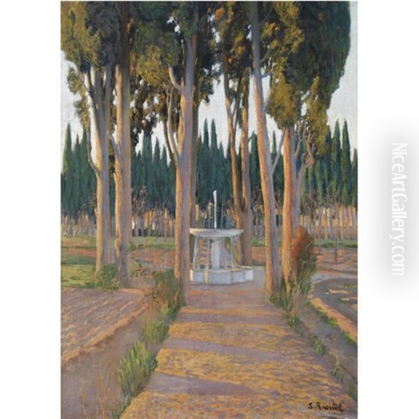 Cipreses Dorados-huerta Del Duque De Gor - Golden Cypresses-the Orchard Of The Duke Of Gor Oil Painting by Santiago Rusinol