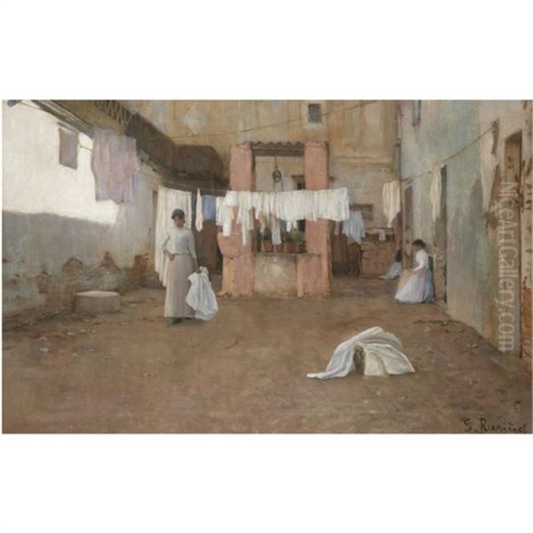 Lavanderas De La Barceloneta (washerwomen From The Barceloneta) Oil Painting by Santiago Rusinol