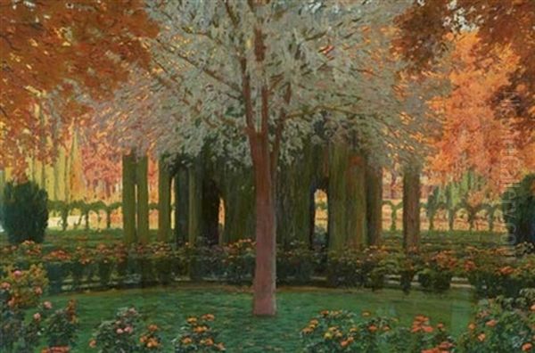 Glorieta De Cipreses Del Jardin Del Principe, Aranjuez - The Gardens At Aranjuez Oil Painting by Santiago Rusinol