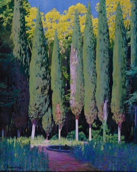 Cipreses En Aranjuez (cypresses In Aranjuez) Oil Painting by Santiago Rusinol