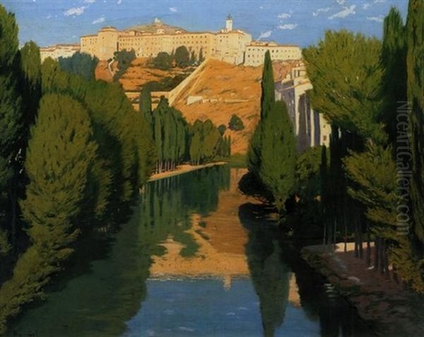 Una Vista Del Rio Jucar, Cuenca (view Along The River Jucar, Cuenca) Oil Painting by Santiago Rusinol