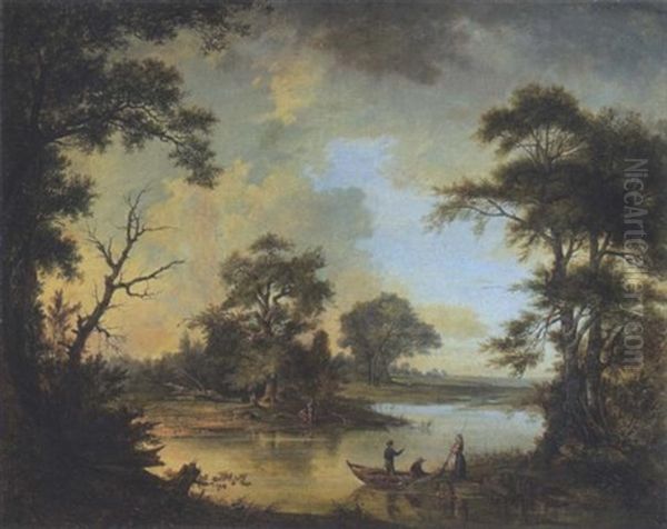 Flusslandschaft Mit Anglern Oil Painting by Franciszek Ruskiewicz