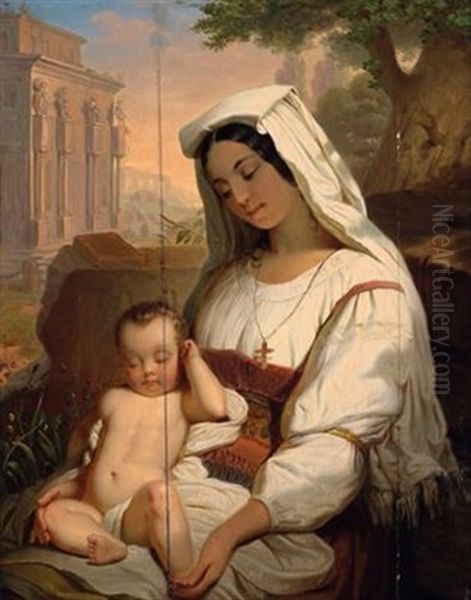 Romische Mutter Mit Kleinkind Vor Antiken Ruinen Oil Painting by Franz Russ the Elder