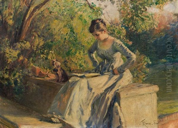 Girl Reading In A Garden Oil Painting by Franz Russ the Younger