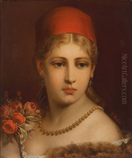 Portrait Of A Girl With Red Cap And Pearl Necklace Oil Painting by Franz Russ the Younger