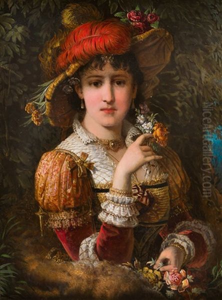 Dame Mit Blumen Und Federhut Oil Painting by Franz Russ the Younger