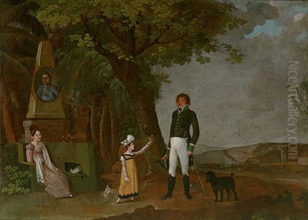 Familie Des Tittl. Herrn Joh. Anton Erben K.k. Salzversilber In Der Leystadt Trautenau .... Paar Mit Kleinem Madchen In Parklandschaft Vor Gedenkstein Oil Painting by Ignaz Russ the Younger