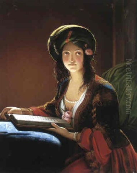 A Young Woman Reading Oil Painting by Ignaz Russ the Younger