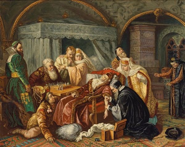 The Death Of Ivan The Terrible After A Game Of Chess Oil Painting by Adolf Russ