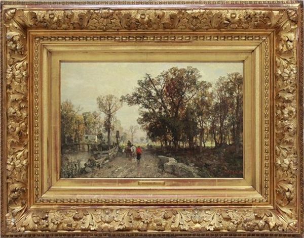 Herbstlicher Weg Mit Bauern Und Ihrem Pferdefuhrwerk An Einem Flusslauf Oil Painting by Robert Russ