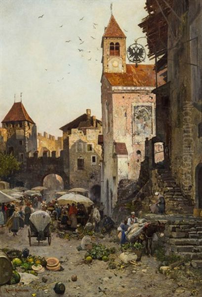 Markt In Kollmann (sudtirol) Oil Painting by Robert Russ