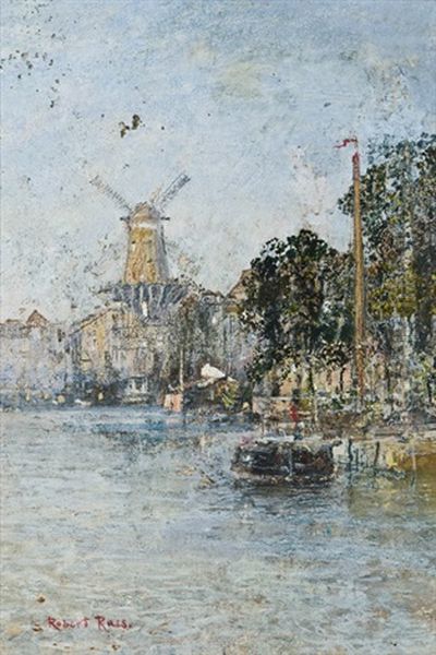 Kanalansicht Mit Windmuhle (amsterdam?) Oil Painting by Robert Russ