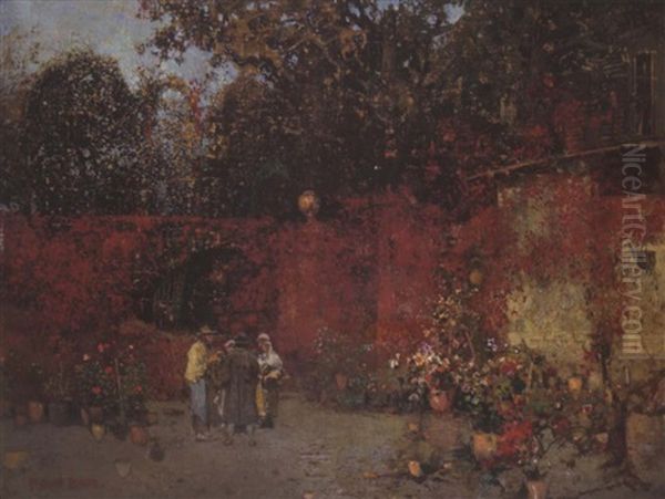 Gesprach Bei Einer Mit Wildem Wein Bewachsenen Gartenmauer Oil Painting by Robert Russ