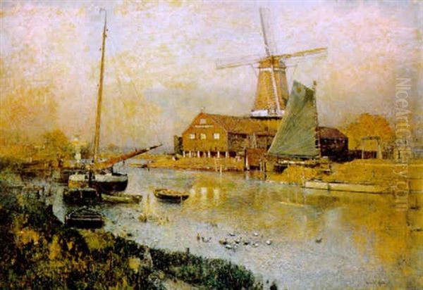 Windmuhle Bei Zaandam In Holland Oil Painting by Robert Russ