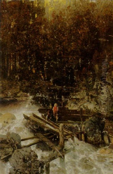 Children Playing By A Torrent In A Forest Oil Painting by Robert Russ