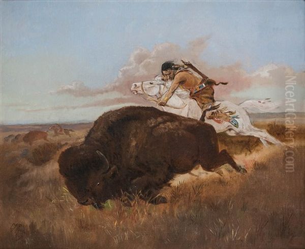 Buffalo Hunting Oil Painting by Charles Russell