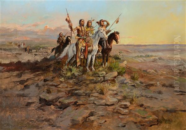 Approach Of The White Men Oil Painting by Charles Marion Russell