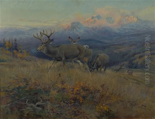 Deer In Landscape Oil Painting by Charles Marion Russell