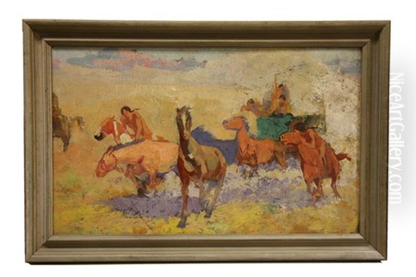 Indians Attacking Pale Face Wagon (study) Oil Painting by Charles Marion Russell