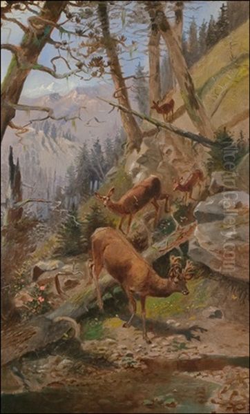 Glacier Park Deer Oil Painting by Charles Marion Russell