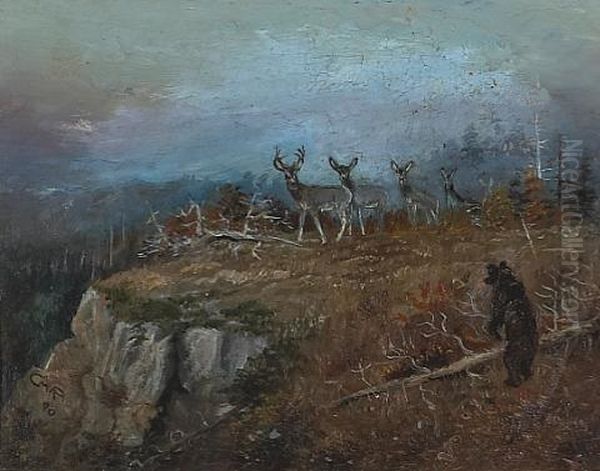 Deer And Bear In A Landscape Oil Painting by Charles Marion Russell