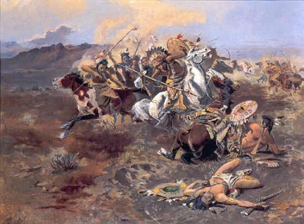 Indian Fight #1 Oil Painting by Charles Marion Russell