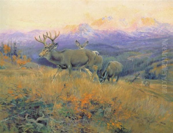 Deer In Landscape Oil Painting by Charles Marion Russell