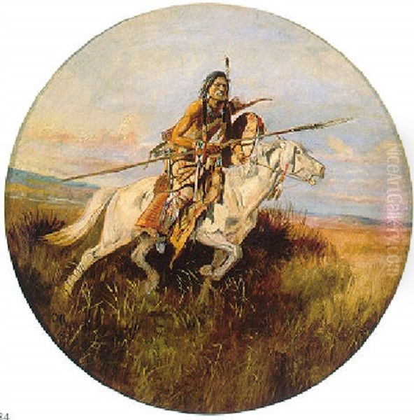 Indian On White Horse With Spear Oil Painting by Charles Marion Russell