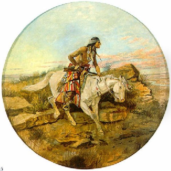 Indian On White Horse With Gun Oil Painting by Charles Marion Russell