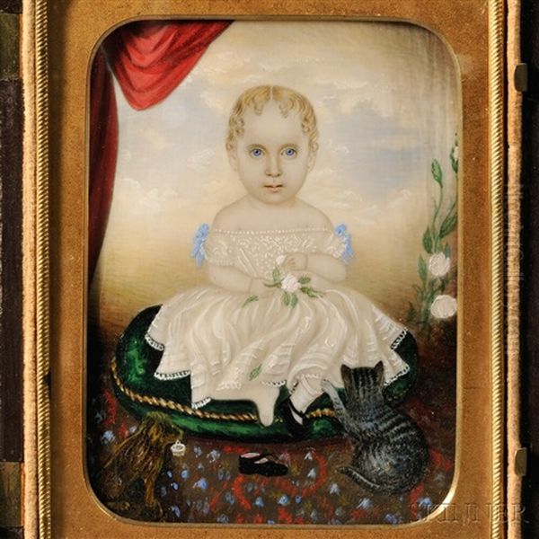 Portrait Miniature Of Little Girl With Her Cat And Dog Oil Painting by Clarissa Peters Russell