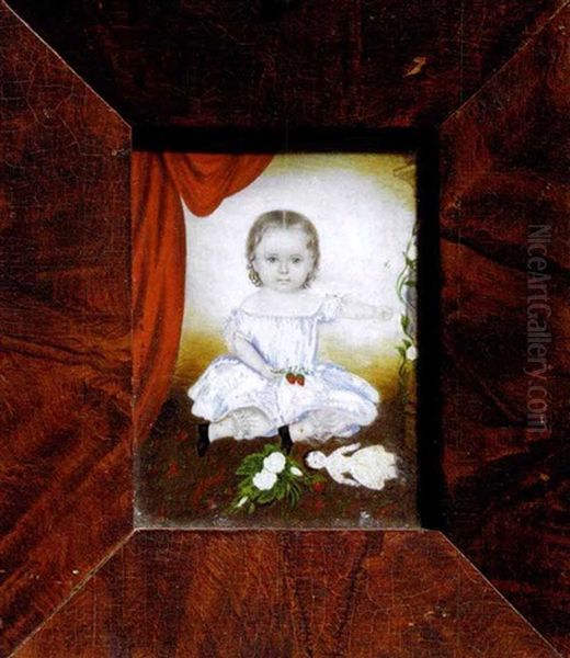 Portrait Of A Little Girl With Strawberries, Roses, Birdcage And Doll Oil Painting by Clarissa Peters Russell