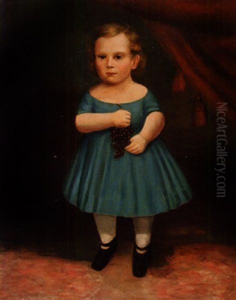 Portrait Of A Child In A Blue Dress With Grapes Oil Painting by Clarissa Peters Russell