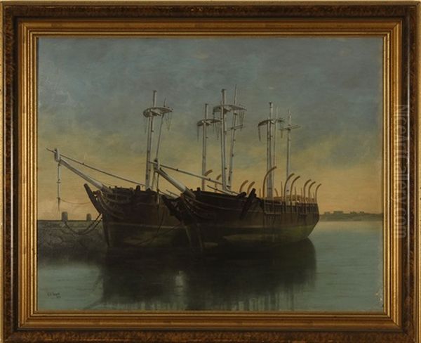 Whaleships In New Bedford Harbor Oil Painting by Edmund N. Russell